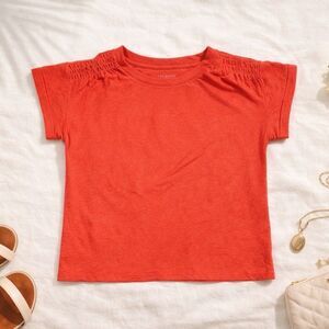 Talbots Petite MP Coral Linen Blend Top | Ruched Shoulder Soft Knit